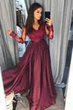A-Line V-Neck Long Sleeves Split Burgundy Satin Prom Dress with Appliques PG677