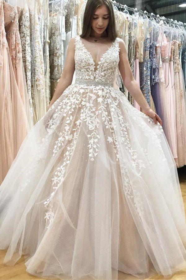 A-Line V-Neck Long Tulle Wedding Dress with Beading Appliques WD080 - Pgmdress