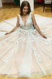 A-Line V-Neck Long Tulle Wedding Dress with Beading Appliques WD080 - Pgmdress