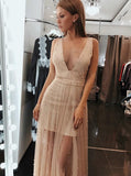 A-Line V-Neck Low Cut Pearl Pink Tulle Prom Dress with Pearls PG646 - Pgmdress