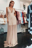 A-Line V-Neck Low Cut Pearl Pink Tulle Prom Dress with Pearls PG646