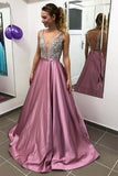 A-Line V-Neck Low Cut Royal Blue Satin Prom/Evening Dress with Beading PG758 - Pgmdress