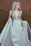 A-Line V-Neck Low Cut Royal Blue Satin Prom/Evening Dress with Beading PG758 - Pgmdress