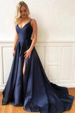 A Line V Neck Navy Blue Satin Long Prom Dresses Formal Dresses  PSK043