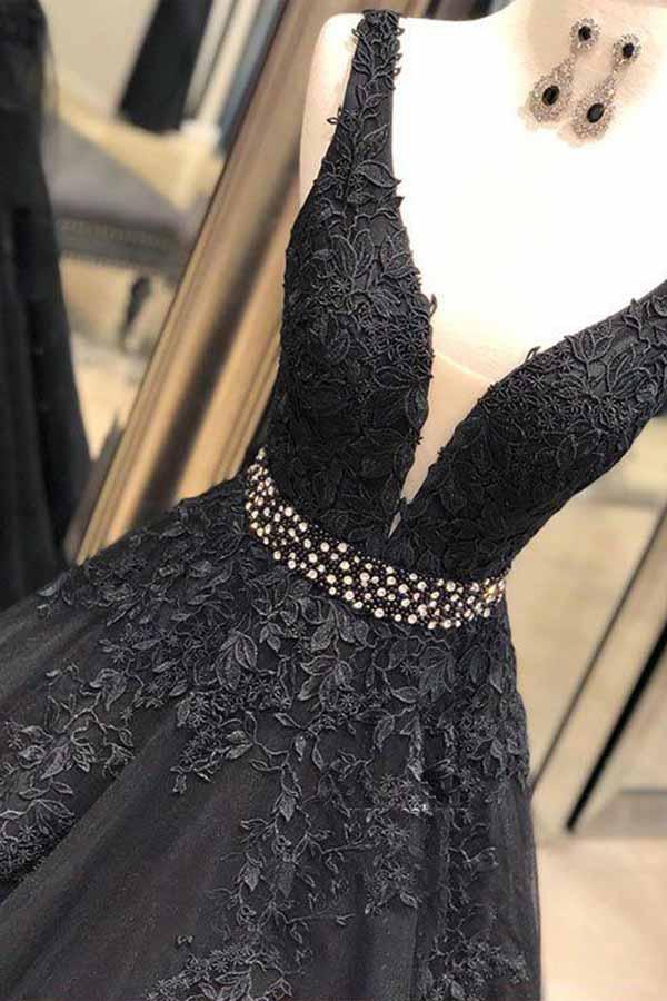 A-line V Neck Open Back Black Lace Long Prom Dresses with Beading PG713 - Pgmdress