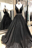 A-line V Neck Open Back Black Lace Long Prom Dresses with Beading PG713