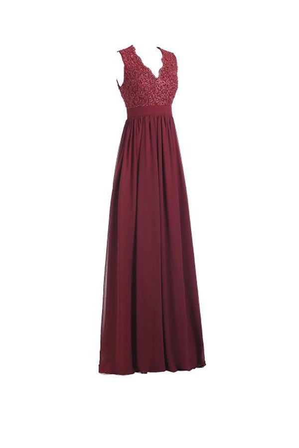 A-line V Neck Open Back Chiffon Long Evening Gown with Lace PG253 - Pgmdress