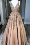 A-line V Neck Open Back Gold Lace Long Prom Dresses with Beading PG849 - Pgmdress