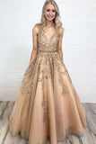 A-line V Neck Open Back Gold Lace Long Prom Dresses with Beading PG849
