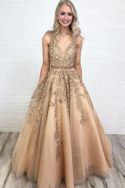 A-line V Neck Open Back Gold Long Prom Dress with Beading PG849 US6 / Gold