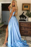 A Line V Neck Open Back Light Blue Prom/Formal Dress With Split PSK078 - Pgmdress