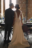 A Line V Neck Open Back Satin Long Wedding Dresses with Pockets WD005 - Pgmdress