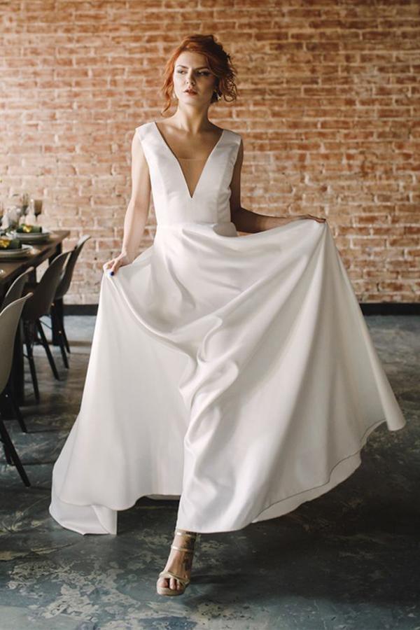 A Line V Neck Open Back Satin Long Wedding Dresses with Pockets WD005 - Pgmdress