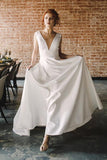 A Line V Neck Open Back Satin Long Wedding Dresses with Pockets WD005