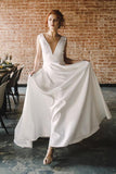 A Line V Neck Open Back Satin Long Wedding Dresses with Pockets WD005 - Pgmdress