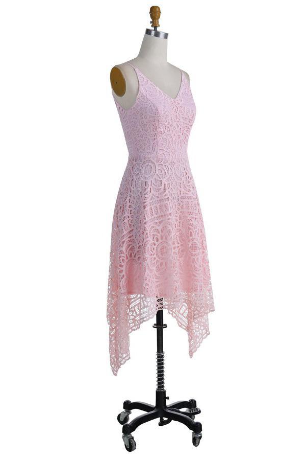 A-Line V-Neck Pearl Pink Lace Bridesmaid/Prom/Homecoming Dress BD053 - Pgmdress