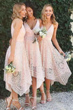 A-Line V-Neck Pearl Pink Lace Bridesmaid/Prom/Homecoming Dress BD053