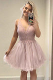 A-Line V-Neck Pink Tulle Homecoming Party Dress with Appliques Beading  PD033