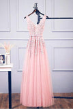 A-line V Neck Pink Tulle Lace Applique Long Prom Dress Evening Dress PSK127 - Pgmdress