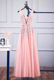 A-line V Neck Pink Tulle Lace Applique Long Prom Dress Evening Dress PSK127 - Pgmdress