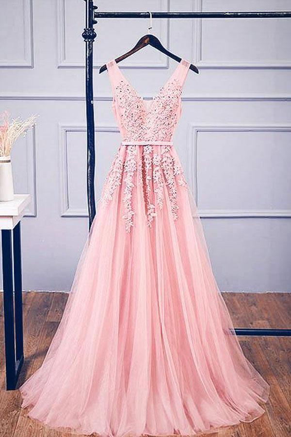 Pink V Neck Tulle Lace Applique Long Prom Dress Pink V Neck Tulle Lace Applique Long Prom Dress