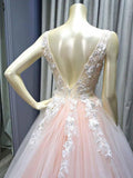 A-line V Neck Pink Tulle Prom Dresses Evening Dresses With Lace Applique PG728 - Pgmdress