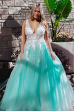 A-line V Neck Pink Tulle Prom Dresses Evening Dresses With Lace Applique PG728 - Pgmdress