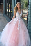 A-line V Neck Pink Tulle Prom Dresses Evening Dresses With Lace Applique PG728 - Pgmdress