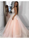 A-line V Neck Pink Tulle Prom Dresses Evening Dresses With Lace Applique PG728 - Pgmdress