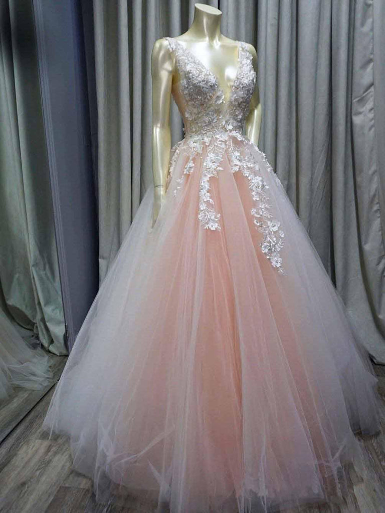 pgmdress A-Line V Neck Pink Tulle Prom Dress Evening Dresses with Lace Applique US4 / Pink