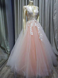 A-line V Neck Pink Tulle Prom Dresses Evening Dresses With Lace Applique PG728 - Pgmdress