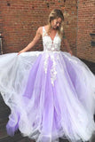 A-line V Neck Pink Tulle Prom Dresses Evening Dresses With Lace Applique PG728