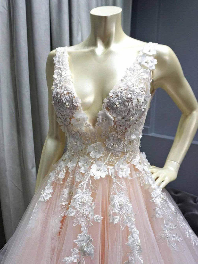 A-line V Neck Pink Tulle Prom Dresses Evening Dresses With Lace Applique PG728 - Pgmdress