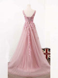 A-Line V-Neck Pink Tulle Prom/Evening Dress with Appliques Beading PG817 - Pgmdress