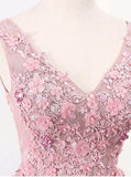 A-Line V-Neck Pink Tulle Prom/Evening Dress with Appliques Beading PG817 - Pgmdress