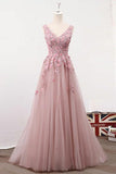 A-Line V-Neck Pink Tulle Prom/Evening Dress with Appliques Beading PG817