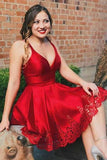 A-Line V-Neck Pleated Short Red Satin Homecoming Dress  PD026