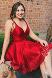 A-Line V-Neck Pleated Short Red Satin Homecoming Dress PD026 - Pgmdress