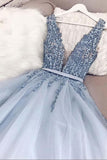 A-line V Neck Plunging Neck Powder Blue Sweep Prom Dress with Beading PM239 - Pgmdress