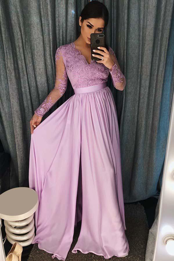 A-Line V-Neck Purple Satin Prom/Evening Dress with Appliques Beading PG743 - Pgmdress