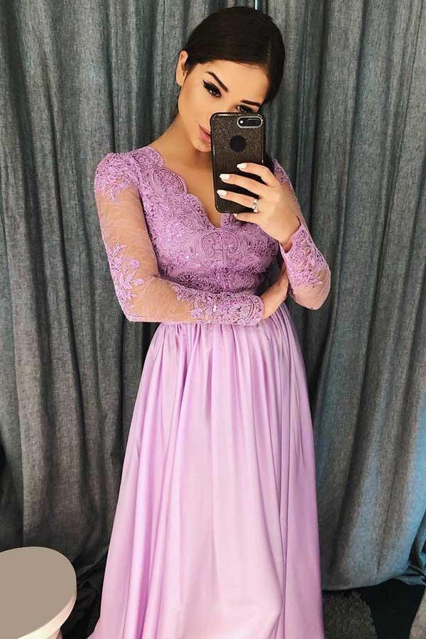 A-Line V-Neck Purple Satin Prom/Evening Dress with Appliques Beading PG743 - Pgmdress