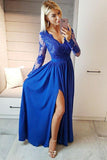 A-ligne col en V bleu royal en mousseline de soie manches longues robe de bal avec appliques PG996 