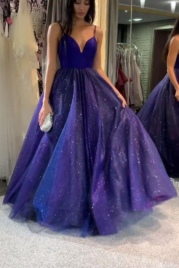 A-line V Neck Royal Blue Prom Dress Cross Back Evening Dress PSK166 - Pgmdress