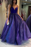 A-line V Neck Royal Blue Prom Dress Cross Back Evening Dress PSK166 - Pgmdress