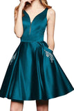 A Line V Neck Satin Burgundy Beaded Homecoming Dresses with Pockets PD262 - Pgmdress