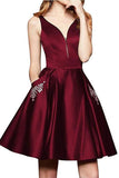 A Line V Neck Satin Burgundy Beaded Homecoming Dresses with Pockets  PD262