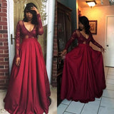 A-line V-neck Satin Burgundy Long Sleeve Prom/Formal Dress PSK175 - Pgmdress