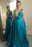A-line V Neck Satin Simple Prom Dresses Formal Dress PM247 - Pgmdress
