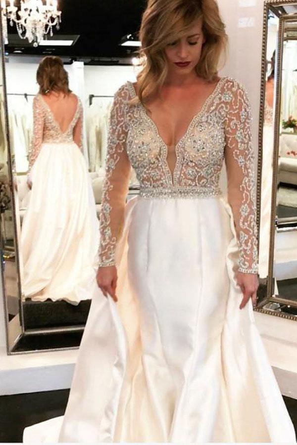 See Through V Neck Simple Beaded Cheap Beach Wedding Dresses, WD319
