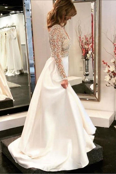 A-line V-neck See Through Bodice Beaded Long Sleeves Wedding Dress Custom Size / Ivory A-line V-neck See Through Bodice Beaded Long Sleeves Wedding Dress Custom Size / Ivory